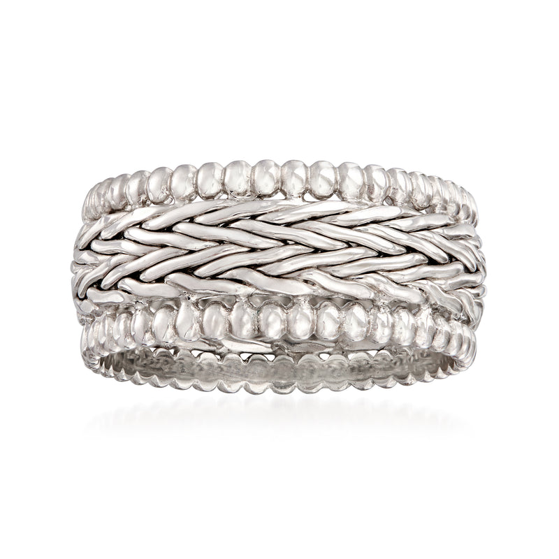 Sterling silver wheat-link and beaded ring, braided band with raised round beads