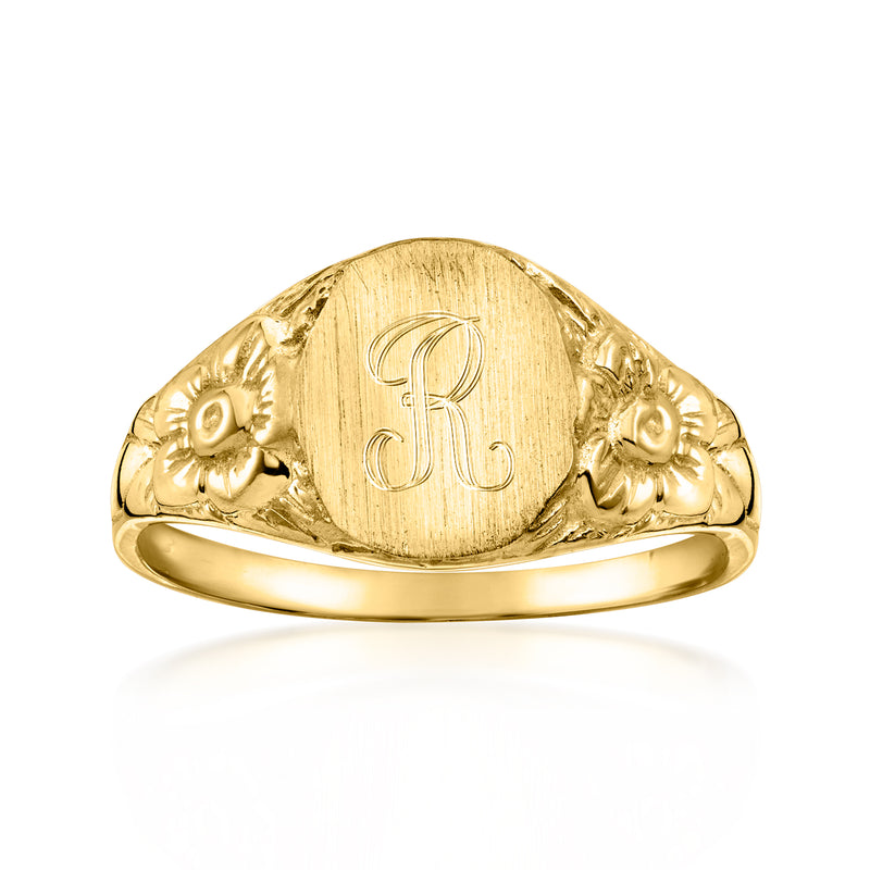 14kt yellow gold signet ring with engraved monogram and floral side details