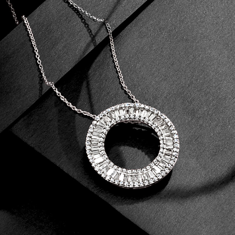 Diamond circle pendant necklace in sterling silver with round halo ring centerpiece
