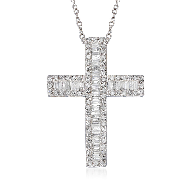 Sterling silver diamond cross pendant necklace with baguette and round stones
