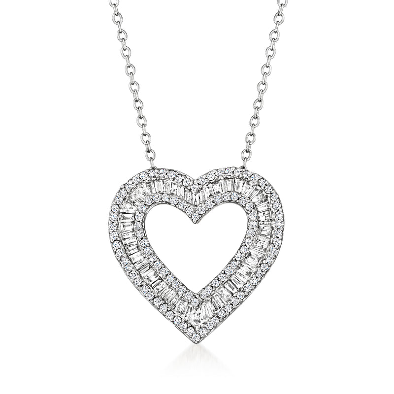 Sterling silver diamond heart pendant necklace with baguette and round stones