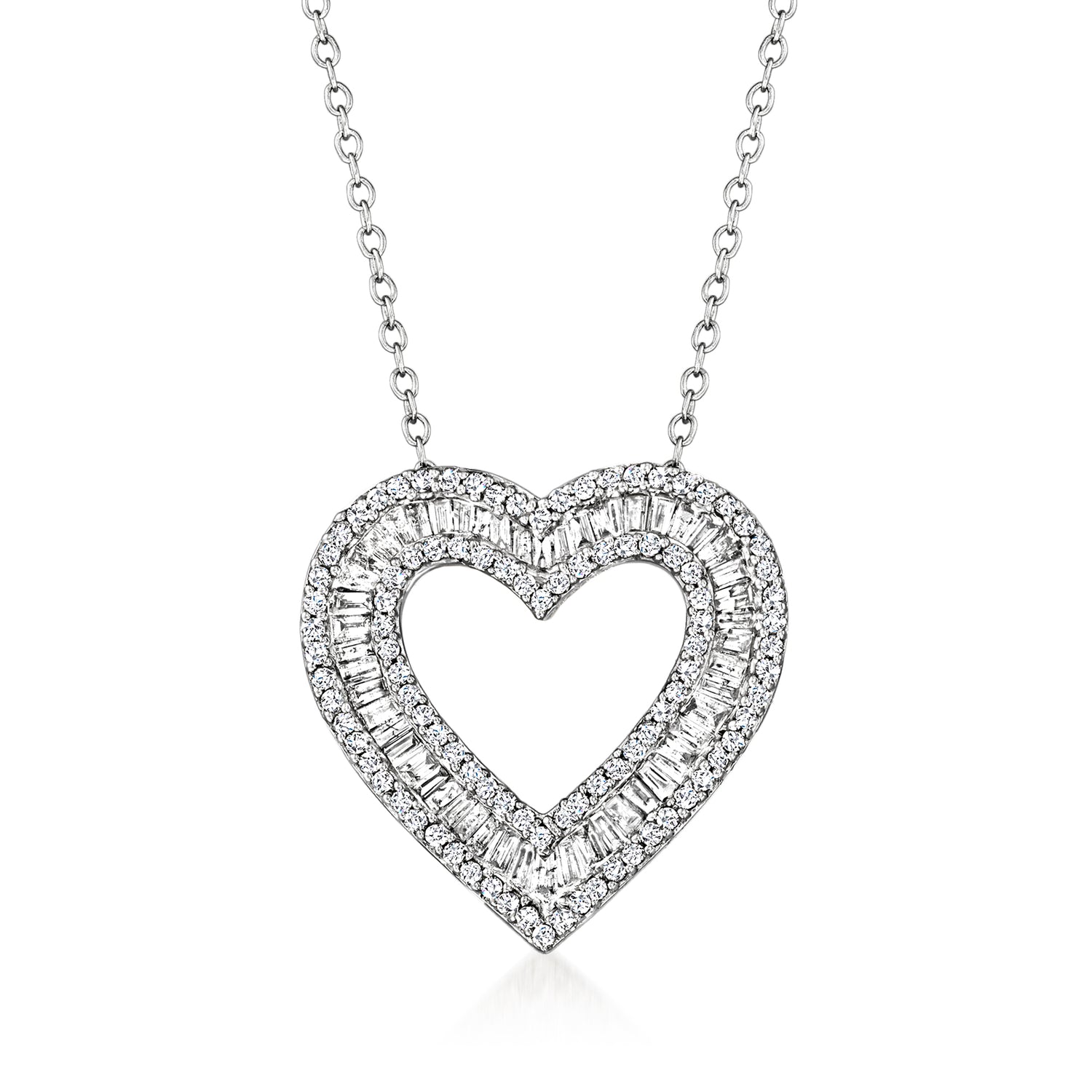 1.00 ct. t.w. Baguette and Round Diamond Heart Pendant Necklace in Sterling Silver