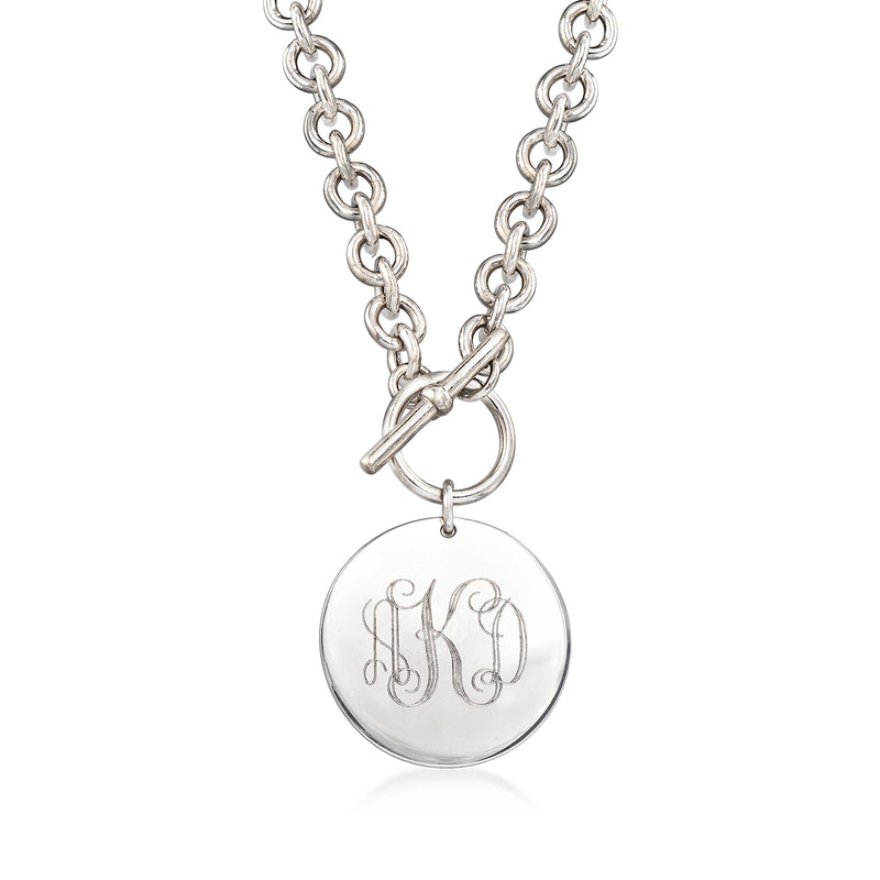 Sterling silver disc toggle necklace with monogrammed round pendant and chain links