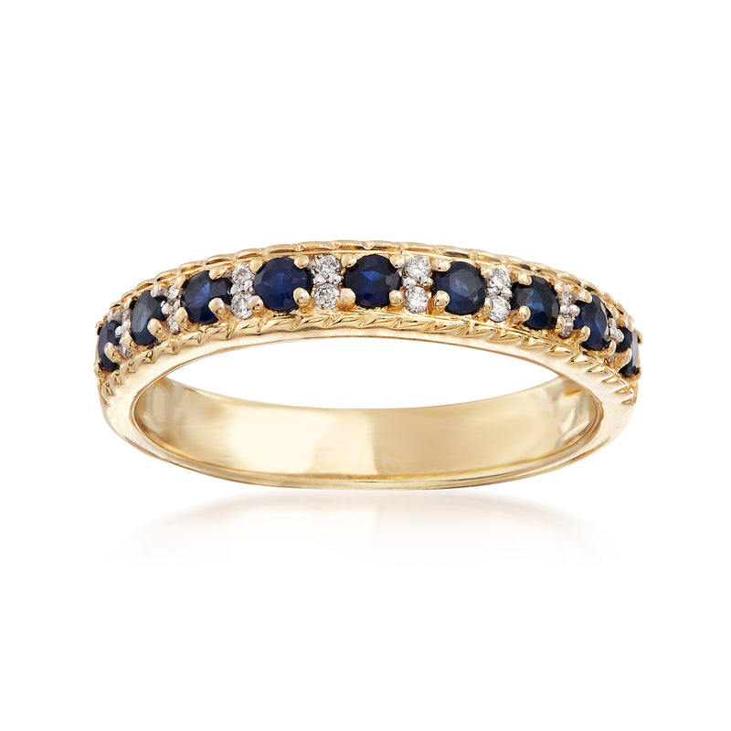 14k yellow gold sapphire and diamond accent ring with dark blue stones