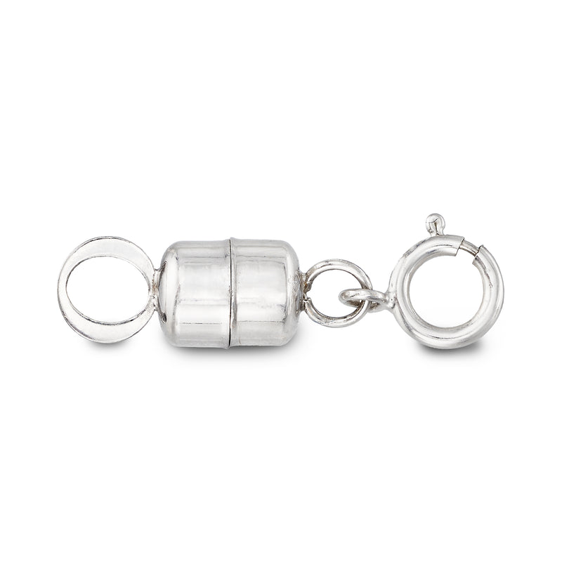 Magnetic clasp converter with barrel center and connecting rings, white gold tone