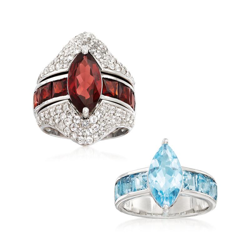 Sterling silver gemstone ring set with marquise red and pear-cut blue center stones