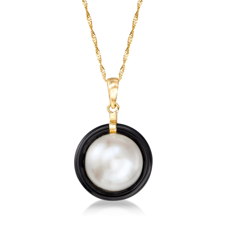14kt yellow gold pendant necklace with round white pearl in black onyx bezel