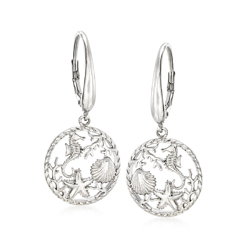 Sterling silver sea life drop earrings with round engraved medallions and leverback hooks