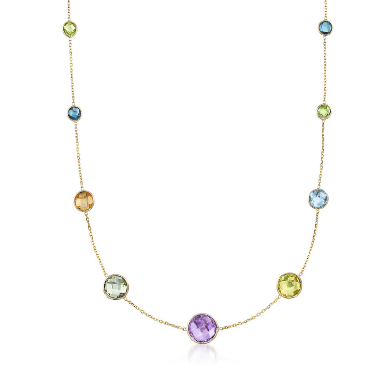 14kt yellow gold bezel-set multi-stone necklace with round stones in blue, green, amber, purple