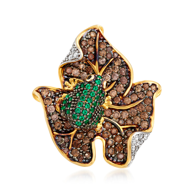 Multicolored CZ frog on leaf ring in gold over sterling with green and clear stones