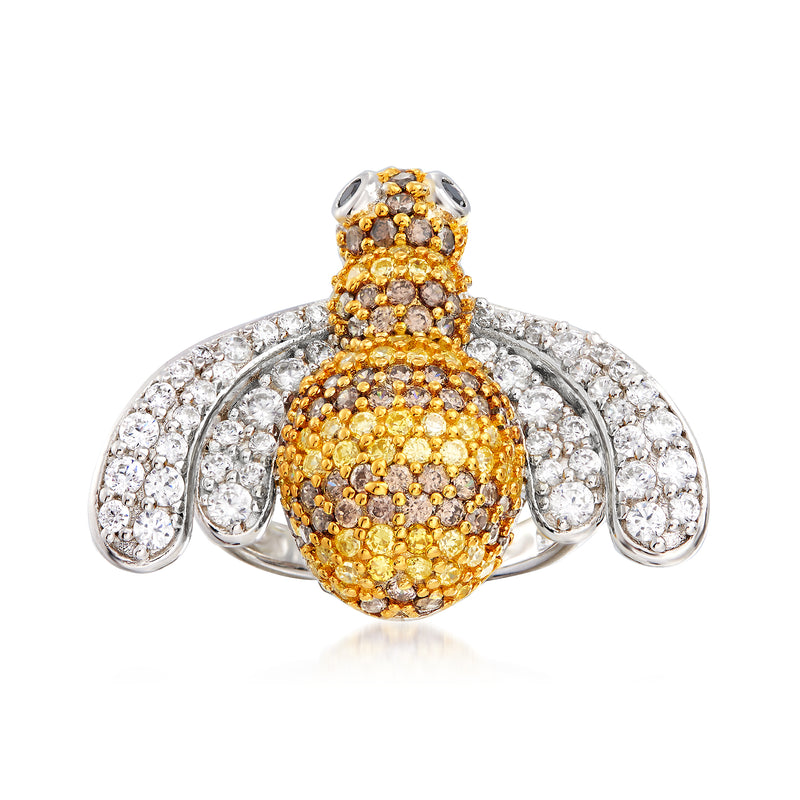Sterling silver bee ring with multicolored CZ stones, yellow body and clear wings.