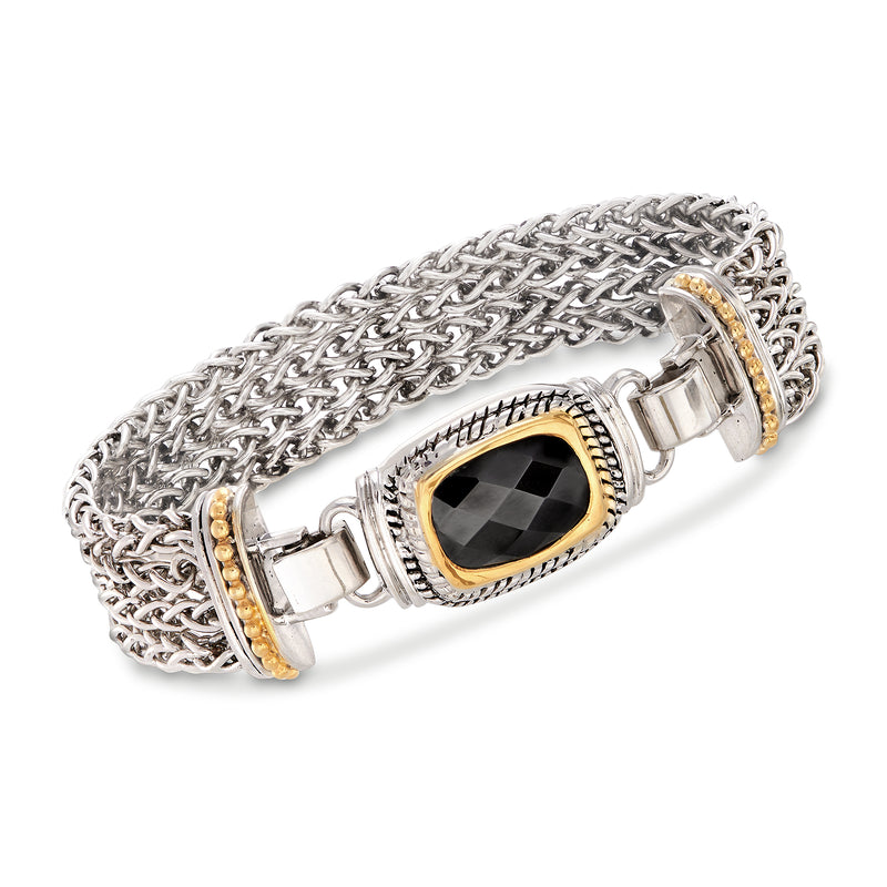 Two-row wheat-link bracelet with black onyx oval centerpiece and gold-toned trim