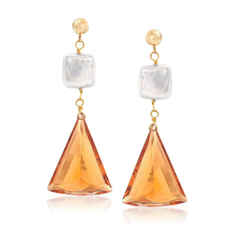 Yellow gold cultured pearl drop earrings with iridescent square and citrine triangle drops