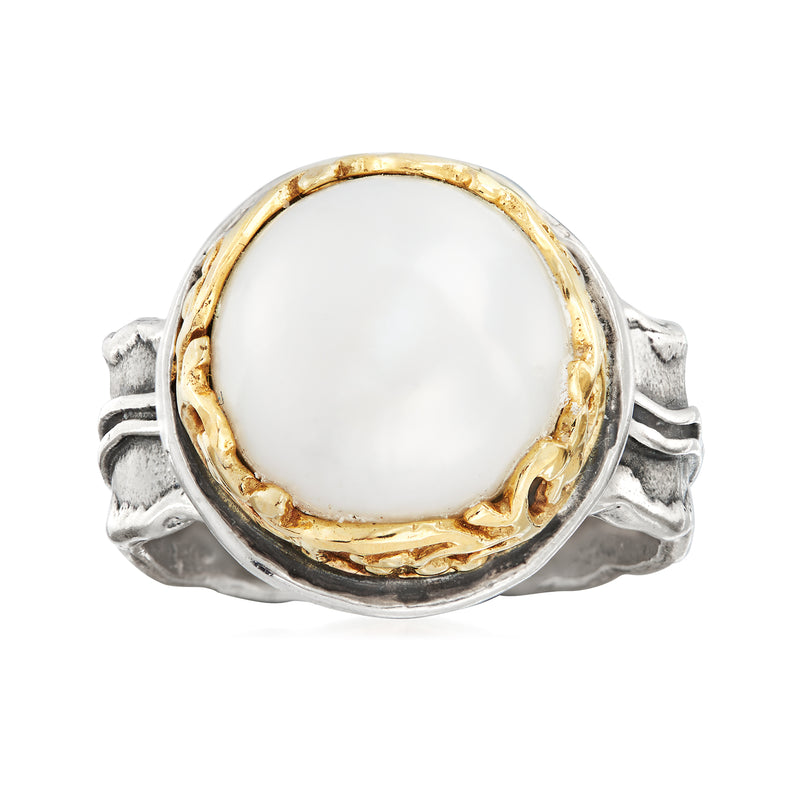 Two-tone cultured pearl ring with 12mm pearl, gold bezel and sterling silver band