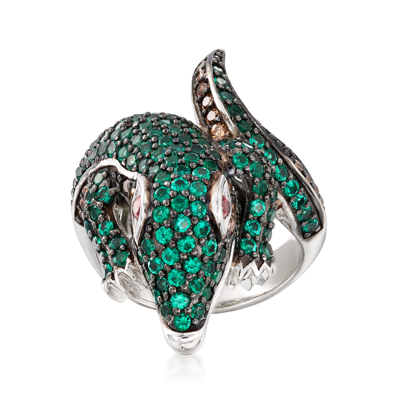 Sterling silver alligator bypass ring with multicolored CZ stones