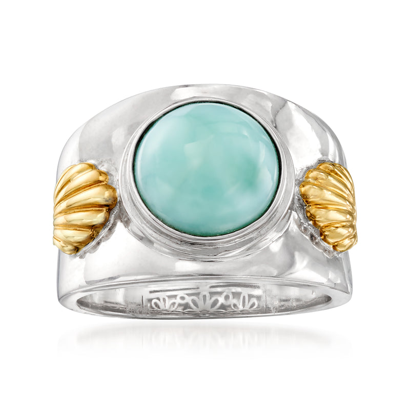 Wide sterling silver ring with oval turquoise larimar center and 14kt gold side accents