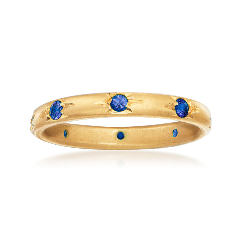 14kt yellow gold sapphire eternity band with round blue stones