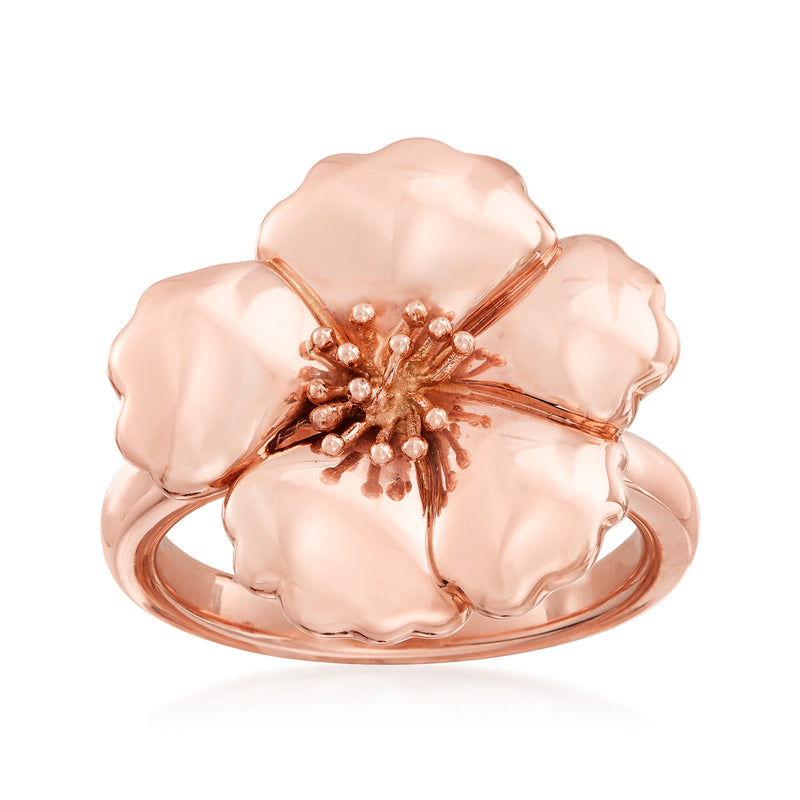 14kt rose gold flower ring with four petal blossoms and textured center