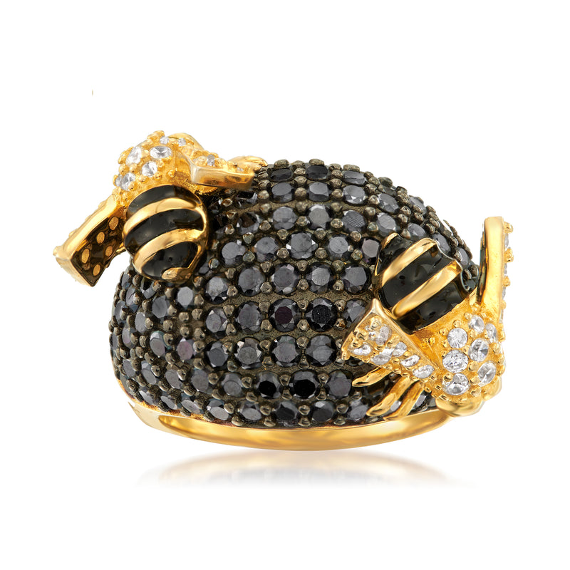 Gold-tone bee dome ring with black and clear CZ stones and black enamel accents