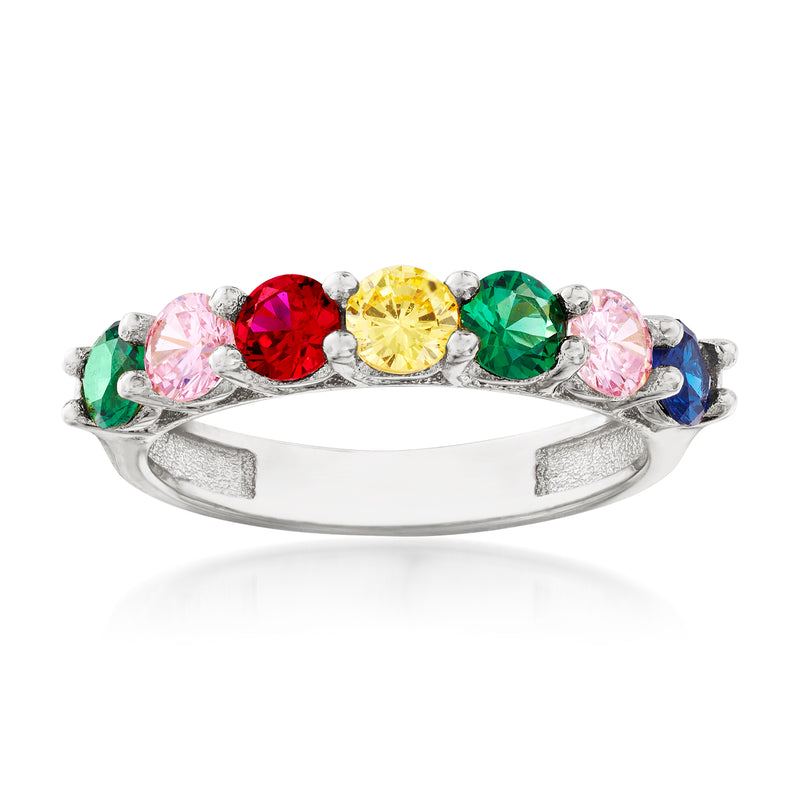 Sterling silver rainbow CZ ring with multicolor round stones on slim band