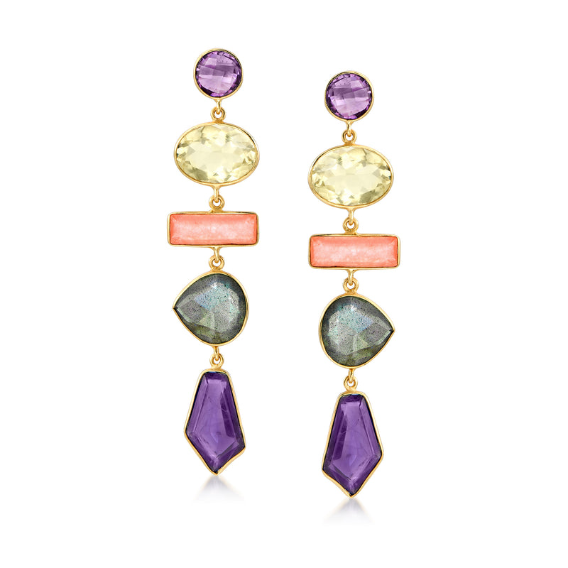 Gold over sterling drop earrings with purple, yellow, orange, and dark gray gemstones