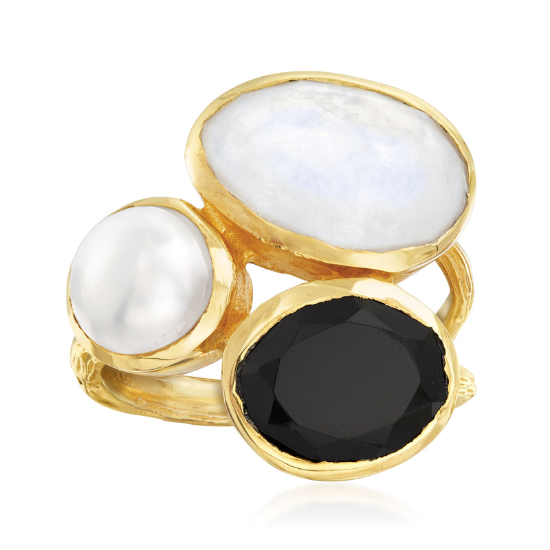 18kt gold over sterling ring with oval moonstone, black onyx, and pearl