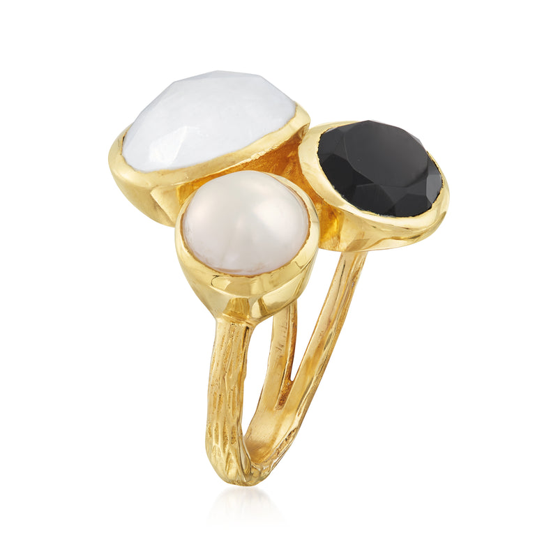 18kt gold over sterling ring side view with oval moonstone, black onyx, and pearl