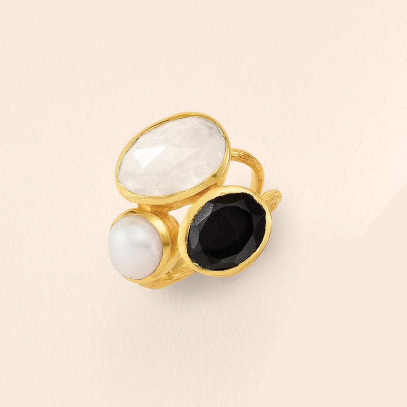 18kt gold over sterling ring with oval moonstone, black onyx, and round pearl