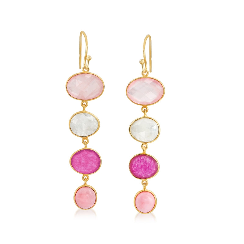 Gold drop earrings with four oval pink and white gemstones on earwire