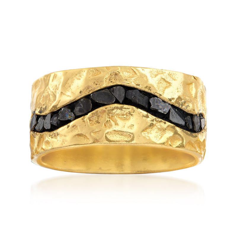 Rough-cut diamond ring with black stones in hammered yellow gold band