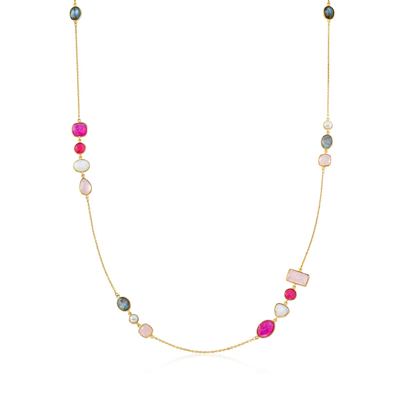 Gold station necklace with small cultured pearls and multi-colored gemstones
