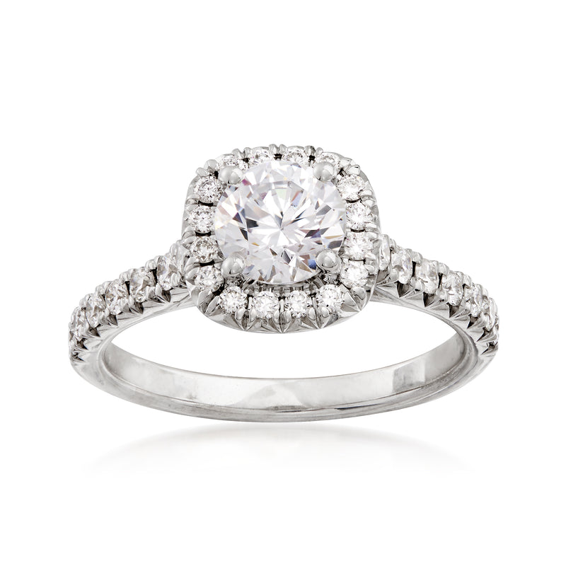 14k white gold diamond halo engagement ring setting with round center stone
