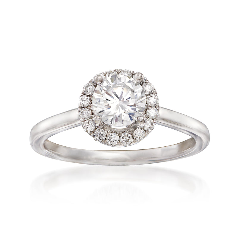 14kt white gold diamond halo engagement ring setting with round center stone