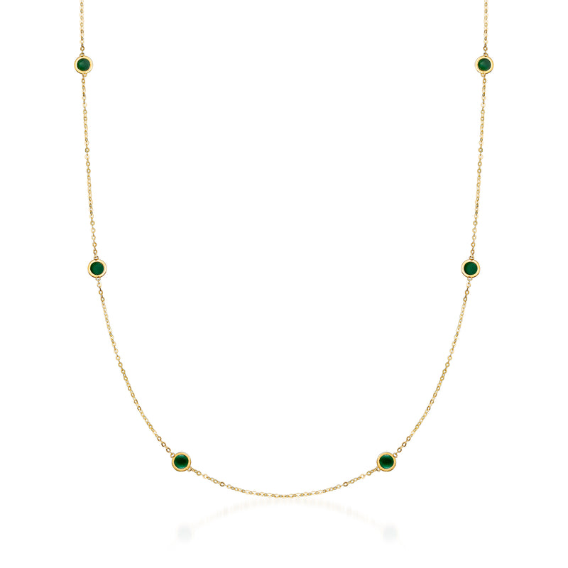 14kt yellow gold station necklace with green enamel round stations, thin chain