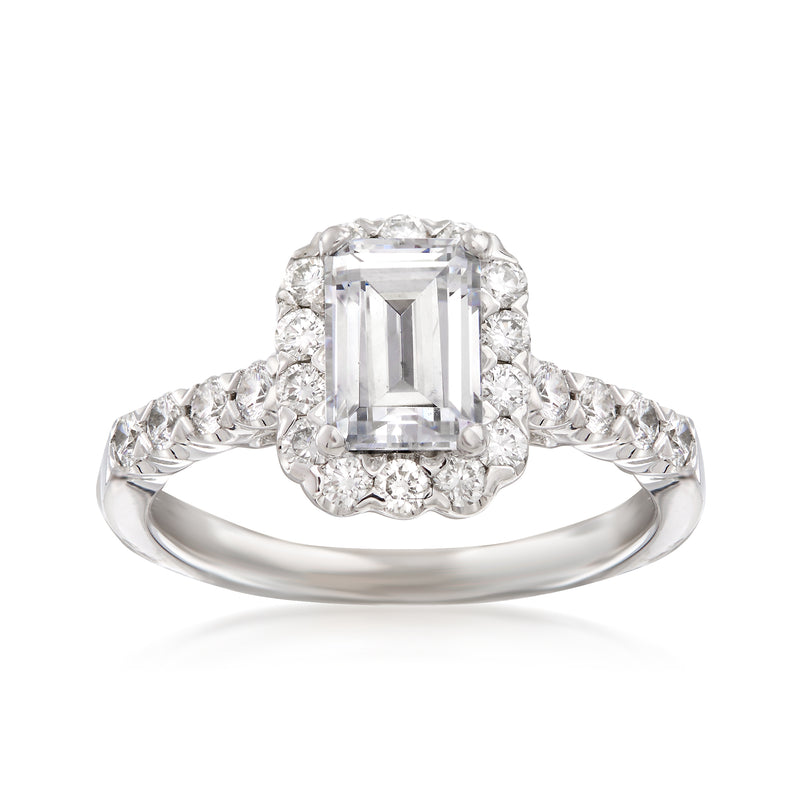 14kt white gold diamond engagement ring setting with emerald-cut center and halo
