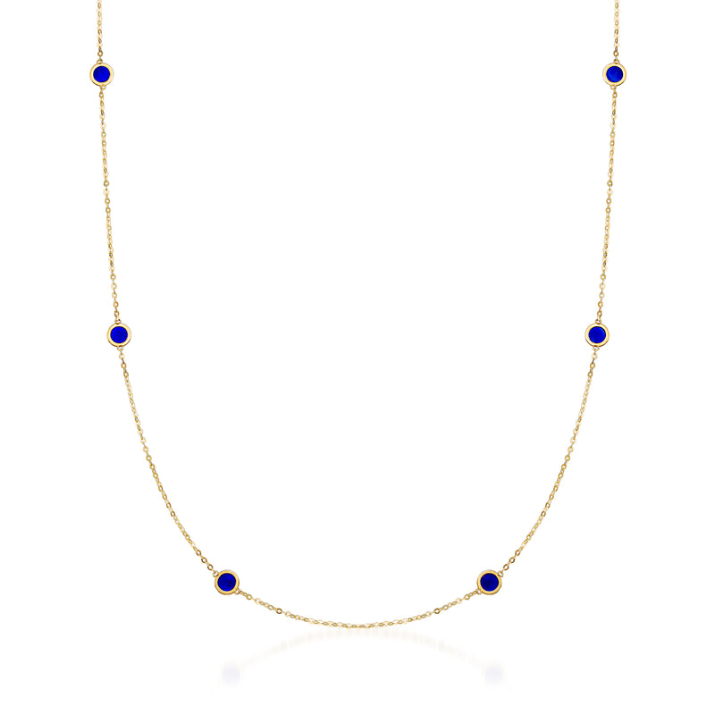 14kt yellow gold station necklace with three blue enamel round links