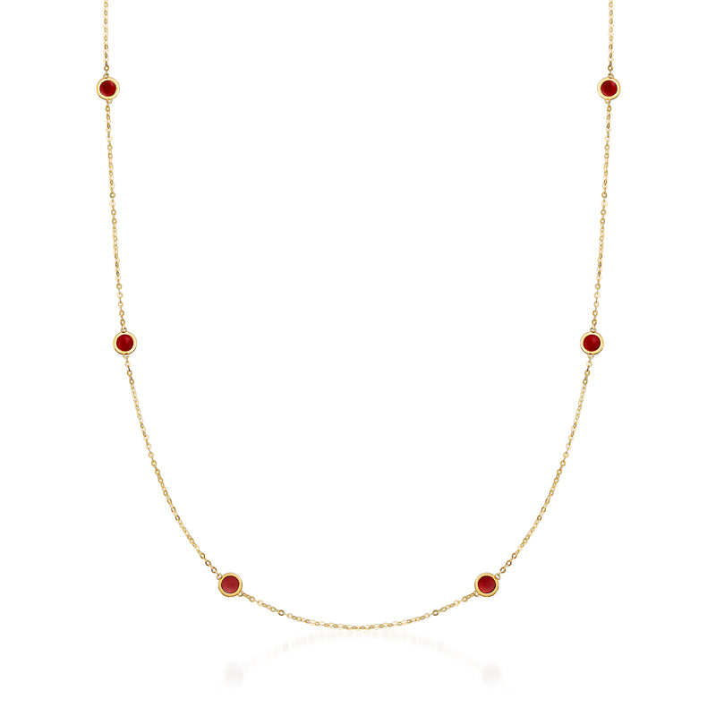 14kt yellow gold station necklace with small red enamel discs along the chain