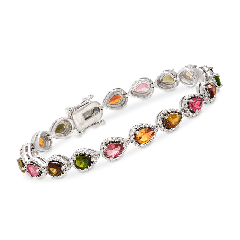 Sterling silver tourmaline bracelet with oval multicolored gemstone links