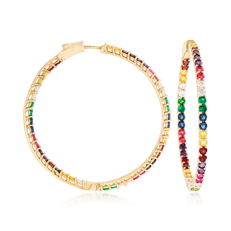 Multicolored CZ inside-outside hoop earrings in 18kt gold over sterling, oval hoop