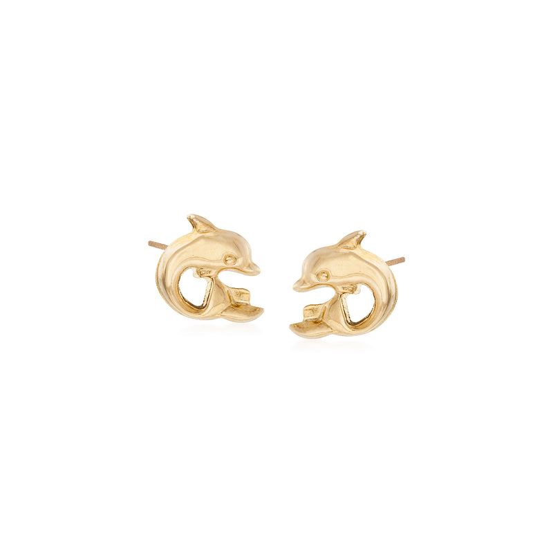 14kt yellow gold dolphin stud earrings, small dolphin face with post backs