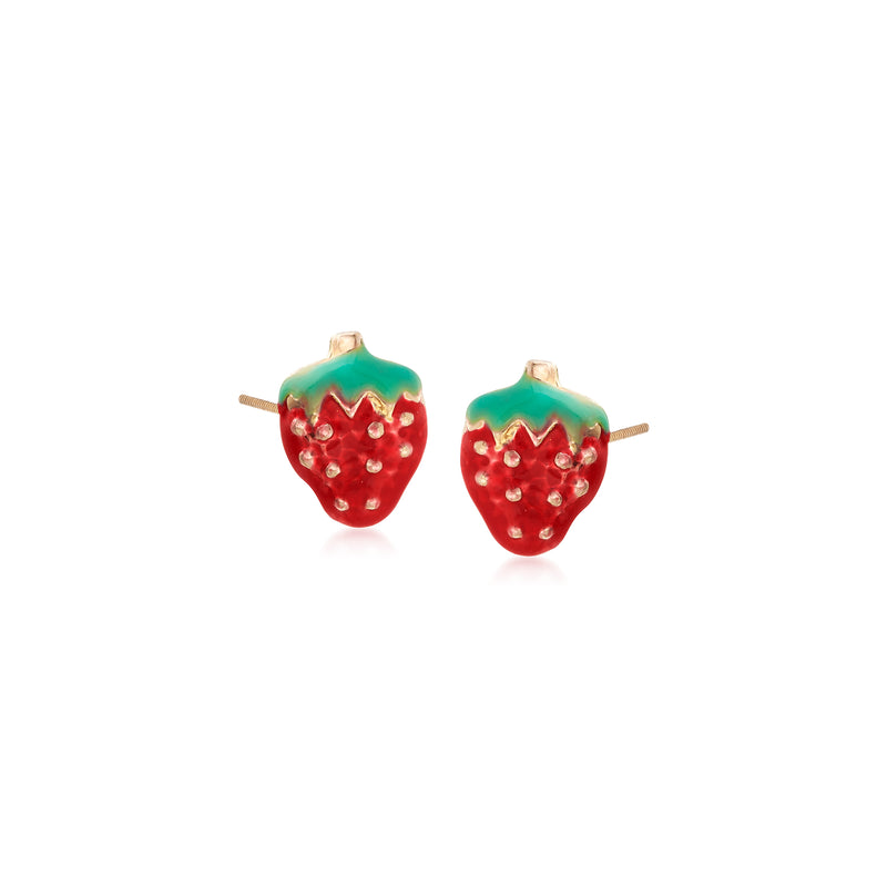 14kt yellow gold strawberry enamel stud earrings for kids, red with green leaves