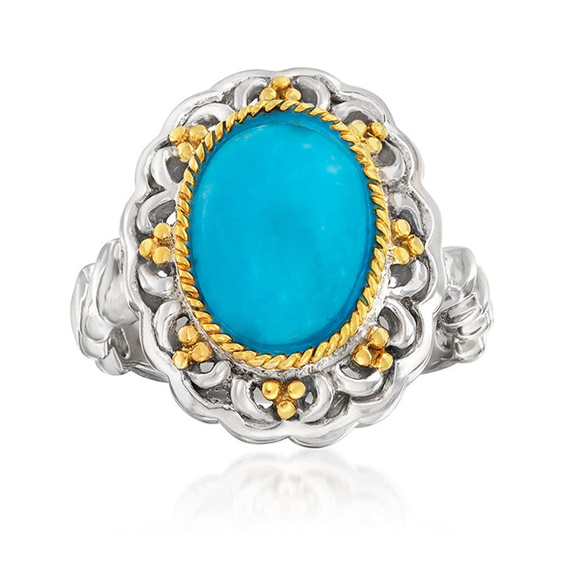 Turquoise oval ring in sterling silver with 14kt yellow gold bezel and bead accents