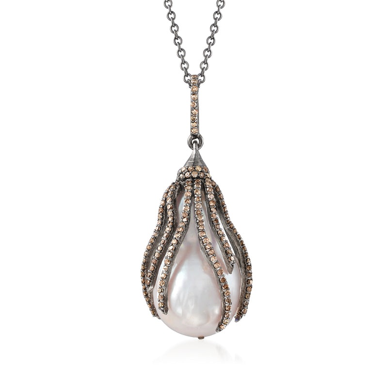 Sterling silver pendant necklace with baroque cultured pearl and brown diamond accents