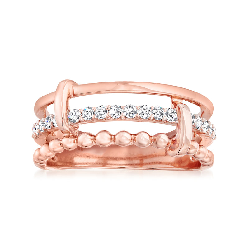 Rose gold multi-row diamond center ring with sparkling round stones, open band design
