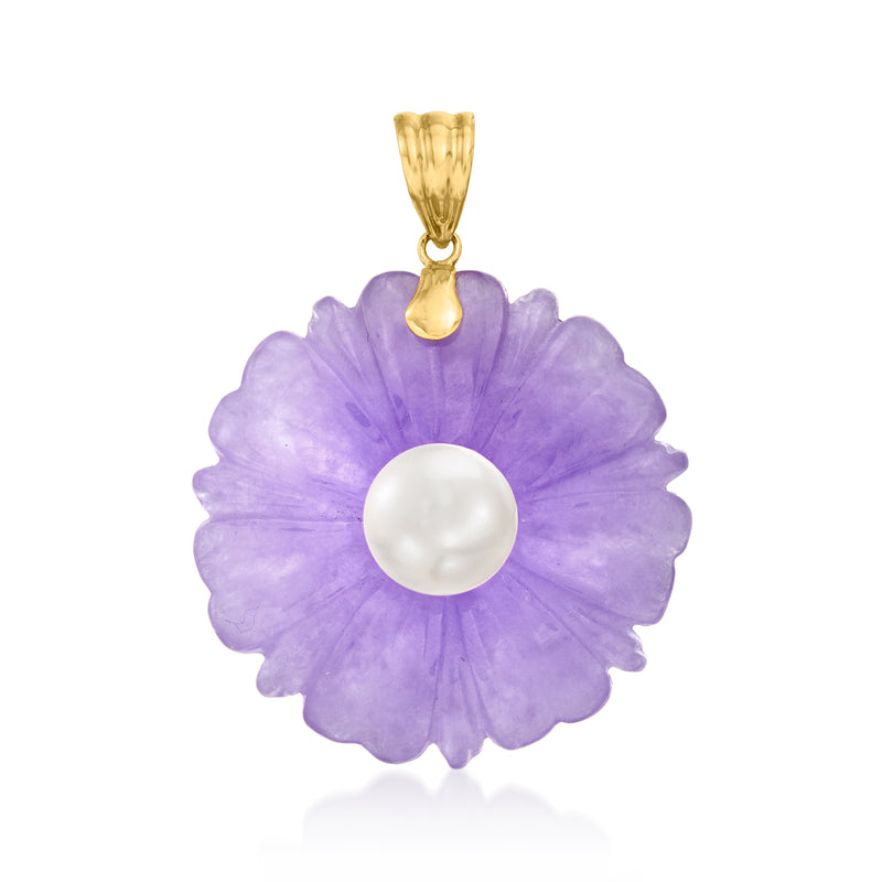 Lavender jade flower pendant with white cultured pearl center in 14kt yellow gold