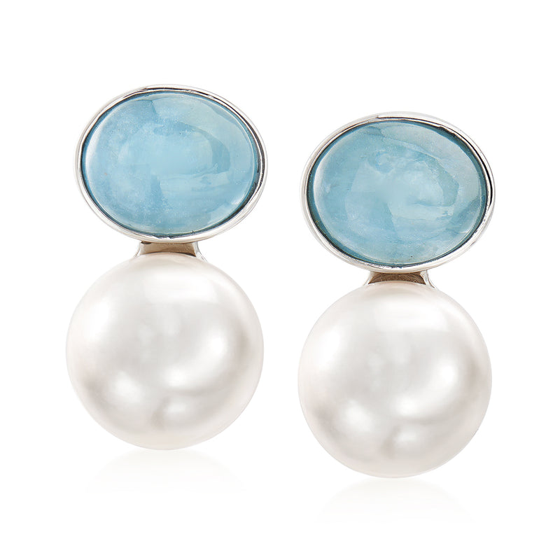 Sterling silver earrings: oval aquamarine top, cultured pearl drop