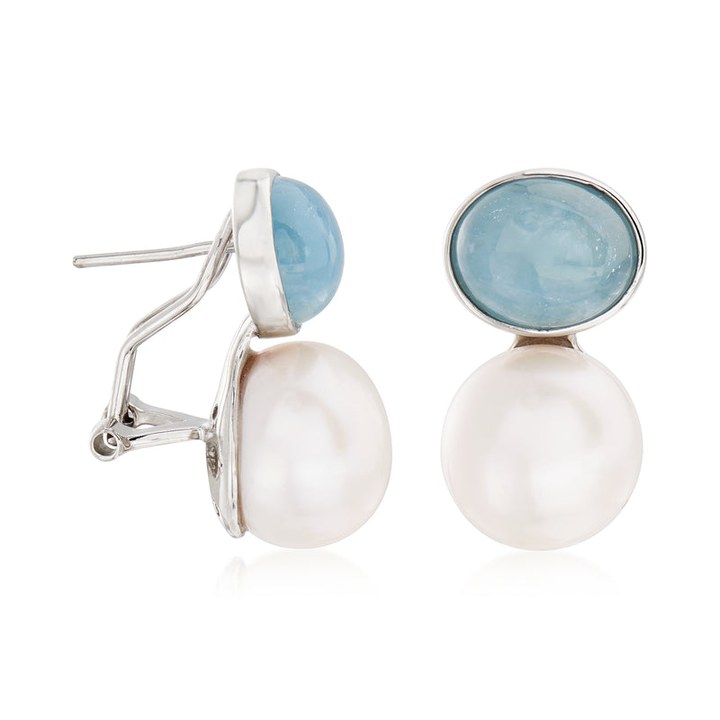 Aquamarine and cultured pearl earrings with post-back in sterling silver setting