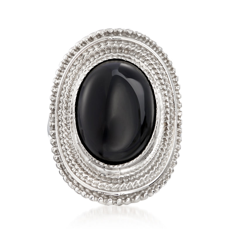 Italian black onyx ring in sterling silver, oval cabochon with raised bezel