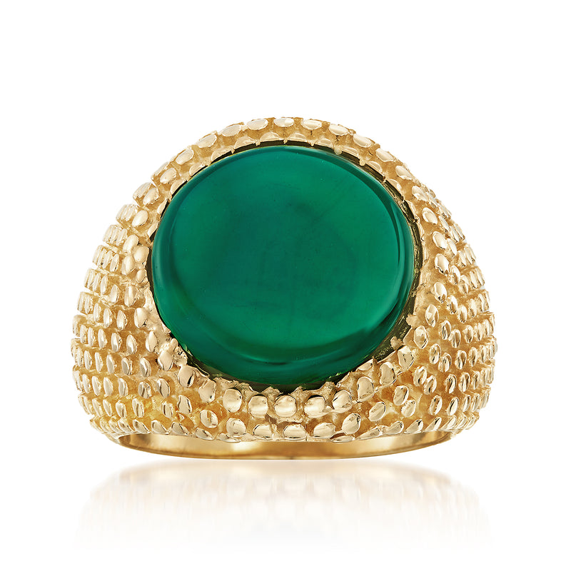 Gold-tone ring with oval green agate cabochon and textured band setting