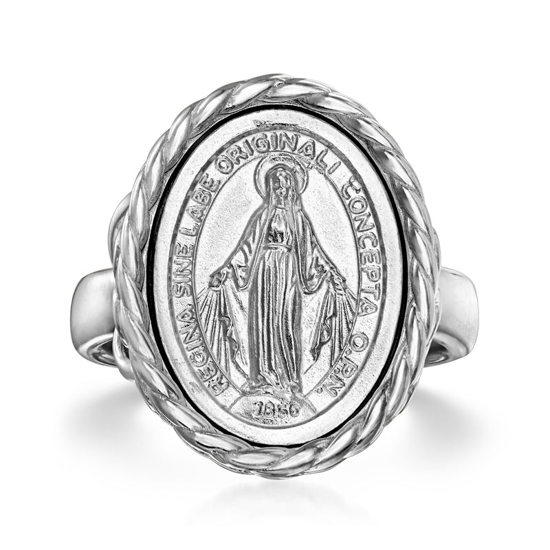 Sterling silver oval miraculous medal ring with braided rope border and Virgin figure